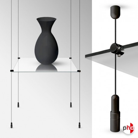 Black Cable Display Glass Shelf (Ceiling-to-Floor Black Wire Fittings & Clear Glass Shelving, Complete)