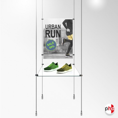 Retail Glass Shelf & Poster Panel Rod Display Unit, Complete (Safety Glass)