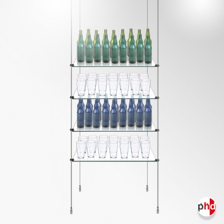 Suspended Glass Bar Shelf Tower, Complete Rod Unit (Safety Glass)